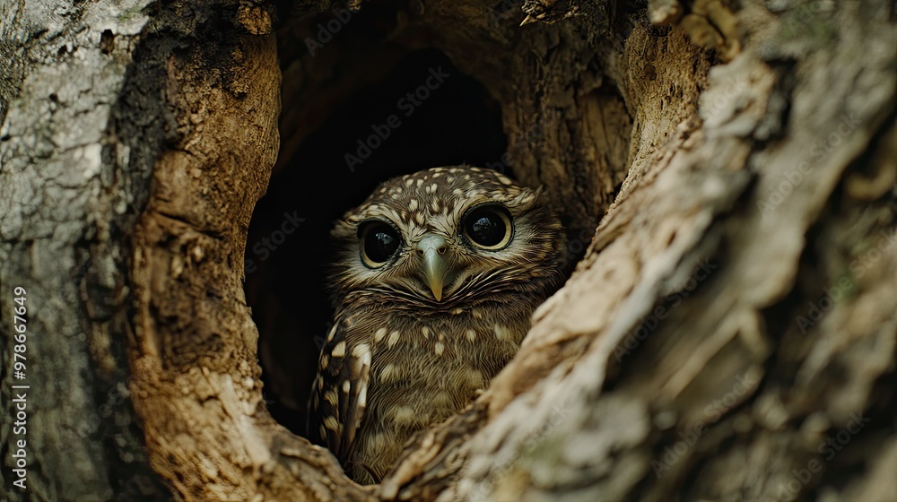 A collared owlet nestled in a tree hollow, with only its head and collar visible. A collared owlet nestled in a tree hollow, with only its head and collar visible.