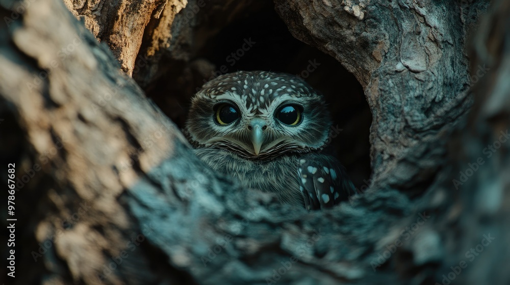 A collared owlet nestled in a tree hollow, with only its head and collar visible. A collared owlet nestled in a tree hollow, with only its head and collar visible.