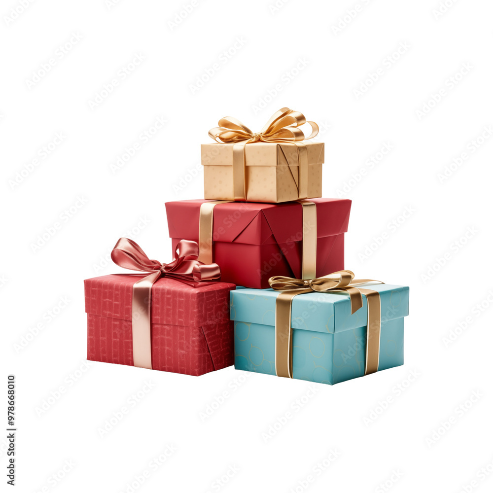 Obraz premium There is a stack of colorful gift boxes adorned with ribbons. The gifts are stacked on top of each other and come in various colors and sizes. Generative AI