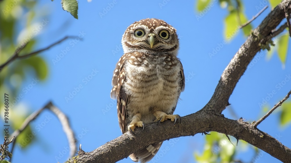 A collared owlet perched on a tree branch with a clear, blue sky in the background. A collared owlet perched on a tree branch with a clear, blue sky in the background.