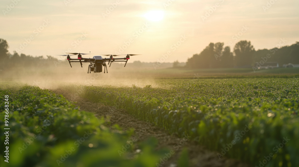 A drone is spraying crops in smart farm during sunset, showcasing modern agriculture A drone is spraying crops in smart farm during sunset, showcasing modern agriculture