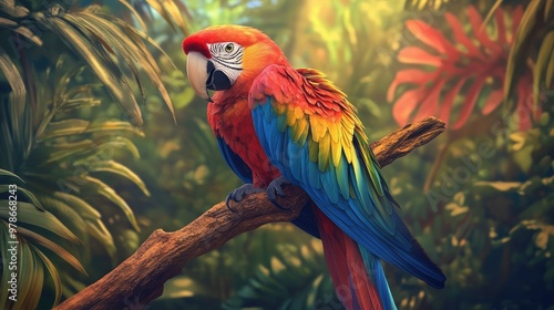Wallpaper Mural A colorful parrot perched on a branch, with vibrant feathers and a lush tropical background. Torontodigital.ca