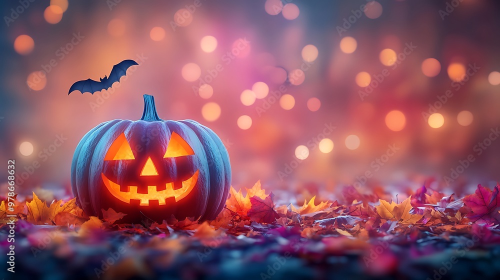 A Festive Halloween Pumpkin Surrounded by Colorful Leaves and Bokeh Lights
