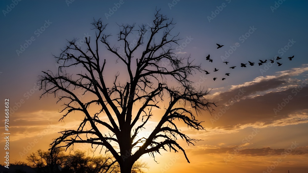 Silhouette of Birds Flying Over a Lone Dead Tree at an Amazing Sunset: Sun Rays Creating a Stunning Background Silhouette of Birds Flying Over a Lone Dead Tree at an Amazing Sunset: Sun Rays Creating a Stunning Background