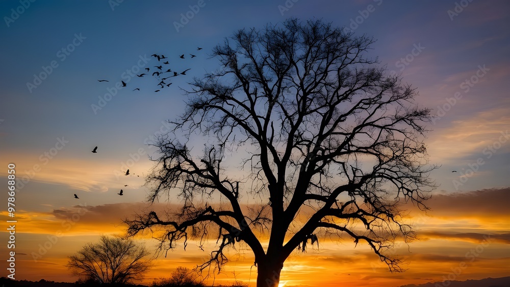 Silhouette of Birds Flying Over a Lone Dead Tree at an Amazing Sunset: Sun Rays Creating a Stunning Background Silhouette of Birds Flying Over a Lone Dead Tree at an Amazing Sunset: Sun Rays Creating a Stunning Background