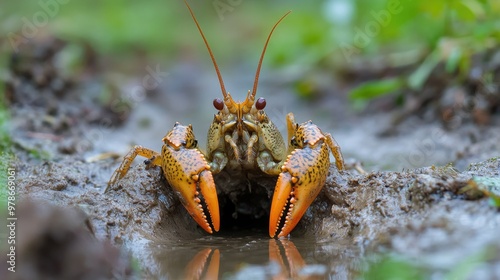 A crayfish emerging from a small burrow in a muddy pond, with its pincers raised defensively. photo