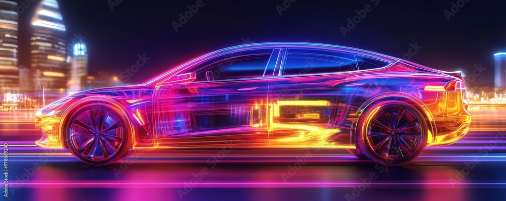 Stylized side view of an electric car, bright neon colors, futuristic design, digital art, clean lines, dynamic motion blur effect, illuminated city at dusk Stylized side view of an electric car, bright neon colors, futuristic design, digital art, clean lines, dynamic motion blur effect, illuminated city at dusk