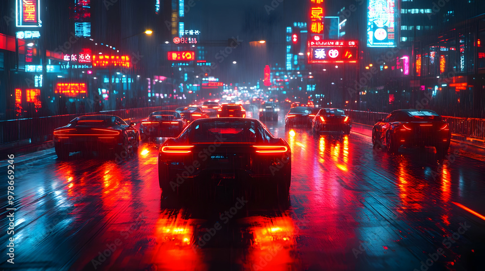 Rainy Night Cityscape with Cars Rainy Night Cityscape with Cars