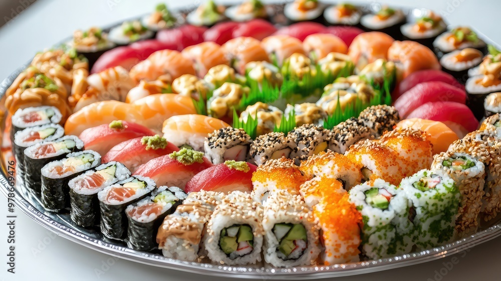 Vibrant sushi platter featuring assorted rolls, fresh fish, and colorful toppings, perfect for a delightful dining experience. Vibrant sushi platter featuring assorted rolls, fresh fish, and colorful toppings, perfect for a delightful dining experience.