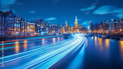 Neon Lights in Motion: Abstract Amsterdam Skyline with Urban Speed and Tech Innovation