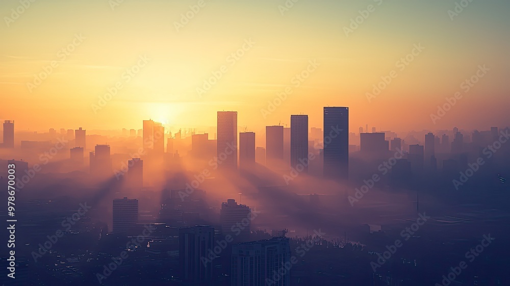 Fototapeta premium A breathtaking city skyline at sunrise, shrouded in mist with soft rays illuminating the towering buildings.