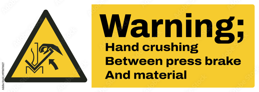 ISO warning safety signs text variation_warning ; hand crushing between press brake and material landscape size 1/2 a4/a3/a2/a1 ISO warning safety signs text variation_warning ; hand crushing between press brake and material landscape size 1/2 a4/a3/a2/a1