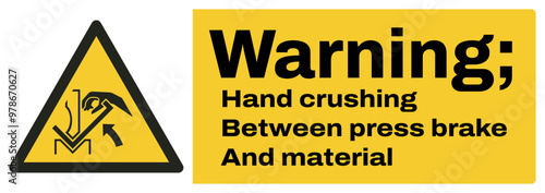 ISO warning safety signs text variation_warning ; hand crushing between press brake and material landscape size 1/2 a4/a3/a2/a1