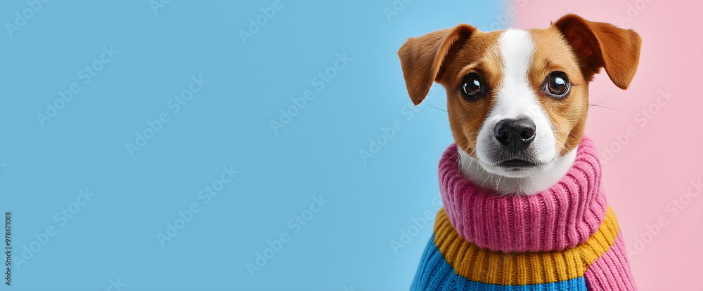 Jack russell terrier in vibrant knitted scarf against pastel background with copy space. Stylish pet accessories for social media content. Place for text Jack russell terrier in vibrant knitted scarf against pastel background with copy space. Stylish pet accessories for social media content. Place for text