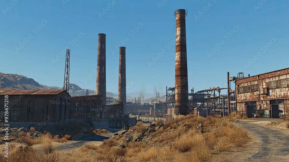 A factory park with sprawling industrial buildings and tall chimneys, set against a cloudless blue sky. A factory park with sprawling industrial buildings and tall chimneys, set against a cloudless blue sky.
