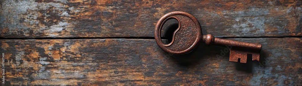 Panoramic view of a rusted jail key in an ancient, weathered lock, oil painting style, detailed texture, moody lighting, capturing the essence of confinement and timeworn history Panoramic view of a rusted jail key in an ancient, weathered lock, oil painting style, detailed texture, moody lighting, capturing the essence of confinement and timeworn history