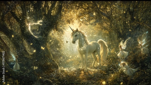 A fairy-tale scene with a shimmering unicorn and fluttering fairies in an enchanted forest clearing.