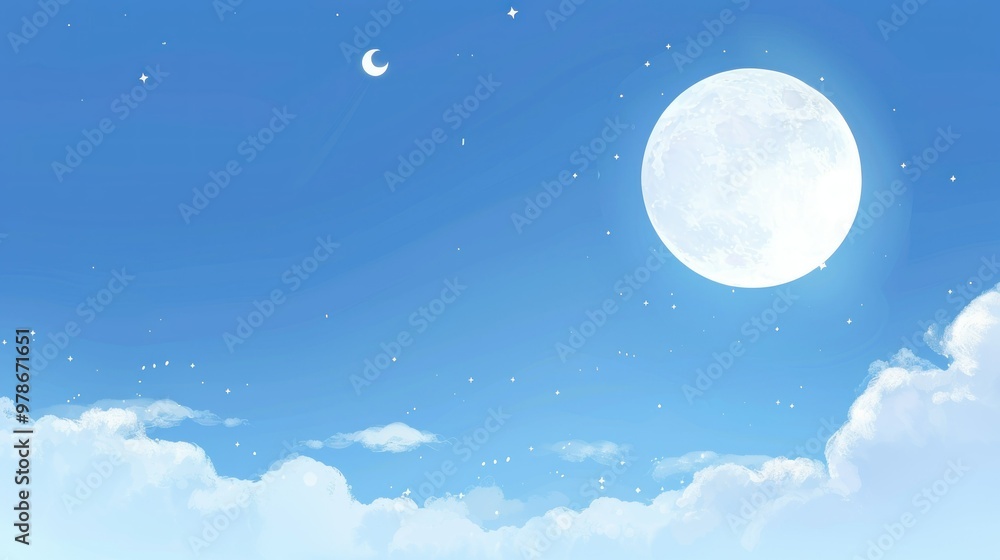 Full Moon and Crescent Moon in a Blue Sky. Full Moon and Crescent Moon in a Blue Sky.
