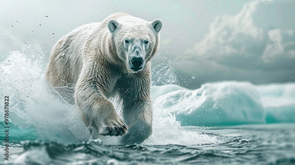 Naklejka premium Polar Bear Running Through Water.