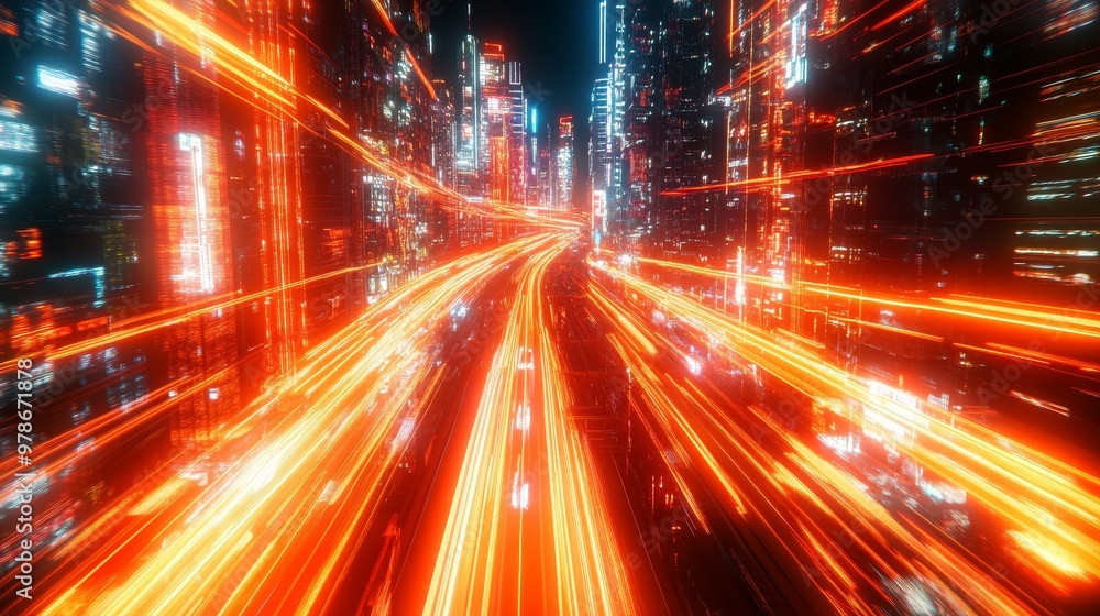 Dynamic Tokyo Cityscape with Fast-Moving Neon Light Trails Dynamic Tokyo Cityscape with Fast-Moving Neon Light Trails