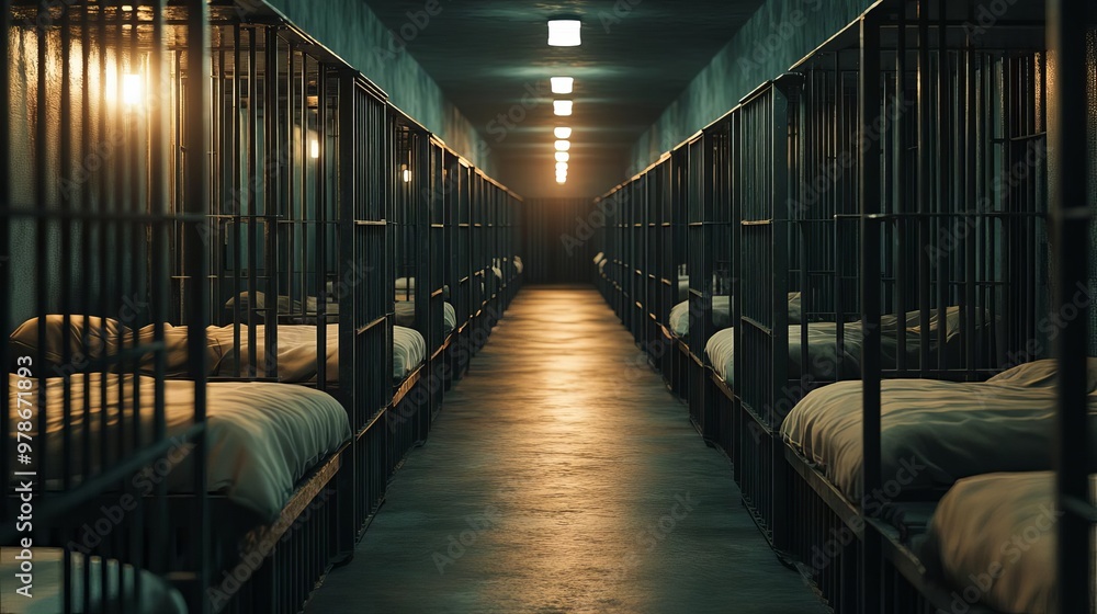 An endless row of barred cells with dim, flickering lights casting shadows, prisoners lying on bunks in identical, stoic poses, photorealistic detail, grunge texture, somber mood An endless row of barred cells with dim, flickering lights casting shadows, prisoners lying on bunks in identical, stoic poses, photorealistic detail, grunge texture, somber mood
