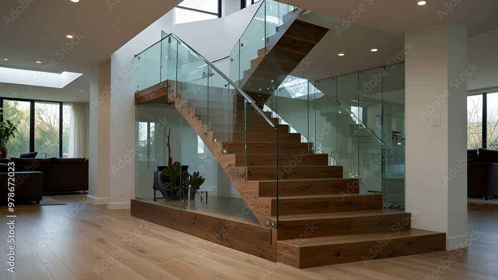 Modern staircase design with sleek, transparent railings showcasing elegance and contemporary style. Modern staircase design with sleek, transparent railings showcasing elegance and contemporary style.