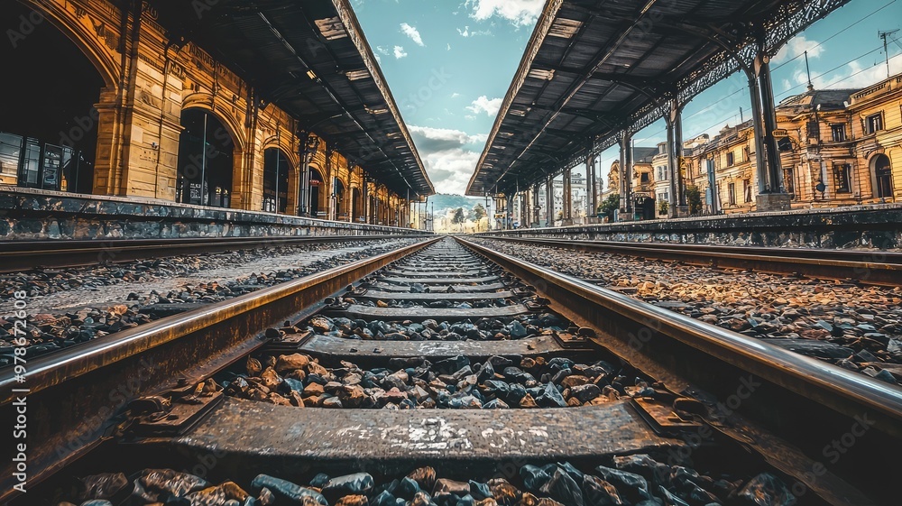 A captivating view of railway tracks leading into the distance, framed by a historic train station under a beautiful sky. A captivating view of railway tracks leading into the distance, framed by a historic train station under a beautiful sky.