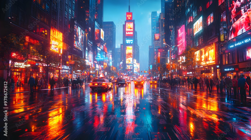 Fototapeta premium Neon Cityscape Illustration - Wet Streets, Illuminated Buildings, Digital Art