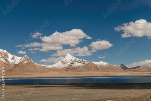 Plateau lakes and snow capped mountains in Xinjiang Autonomous Region, China