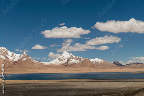 Plateau lakes and snow capped mountains in Xinjiang Autonomous Region, China