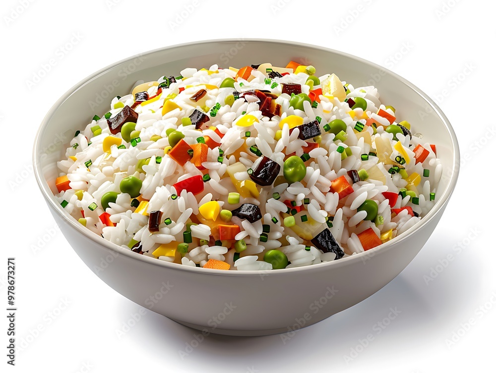 A bowl of rice with vegetables and soy sauce isolated on a clean background A bowl of rice with vegetables and soy sauce isolated on a clean background