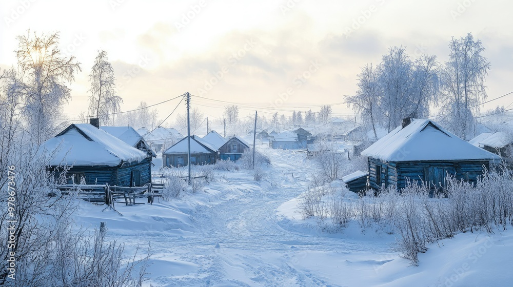 A frozen landscape of Oymyakon, Russia, the coldest inhabited place on Earth, with snow-covered houses and barren trees. A frozen landscape of Oymyakon, Russia, the coldest inhabited place on Earth, with snow-covered houses and barren trees.
