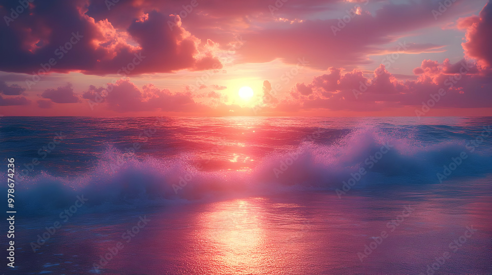 Pink Sunset Over Ocean Waves Digital Illustration Pink Sunset Over Ocean Waves Digital Illustration