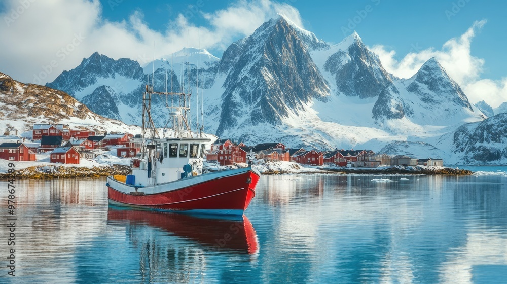 A Greenlandic fishing boat anchored in a picturesque coastal village, with snow-capped mountains in the background. A Greenlandic fishing boat anchored in a picturesque coastal village, with snow-capped mountains in the background.