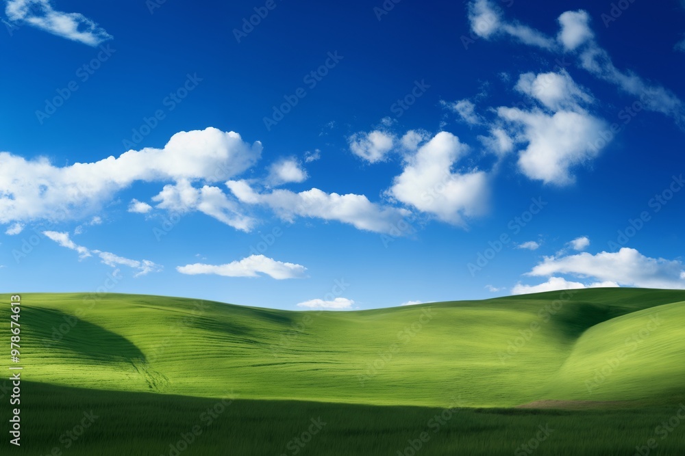 A beautiful summer or spring landscape with green grass on the hills and green fields. The blue sky is filled with white clouds and bright sunlight. Nature as a background. A beautiful summer or spring landscape with green grass on the hills and green fields. The blue sky is filled with white clouds and bright sunlight. Nature as a background.