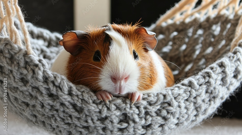 A guinea pig sitting in a small hammock or cozy corner, looking relaxed and content. A guinea pig sitting in a small hammock or cozy corner, looking relaxed and content.