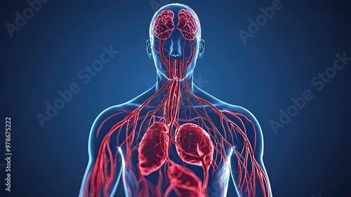 A detailed illustration of the human circulatory system, showcasing veins, arteries, and key organs like the heart and lungs. photo