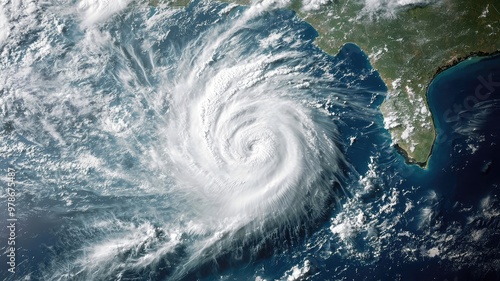 A dramatic aerial view of a swirling hurricane over the ocean, showcasing the power and beauty of nature's storms. photo