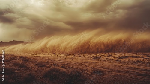 A dramatic dust storm rolls across the landscape, blending earthy tones with an ominous sky, showcasing nature's raw power.