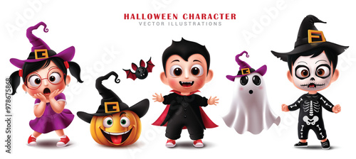 Halloween characters vector set design. Halloween characters like witch, pumpkin, vampire and ghost spooky party mascot costume collection. Vector illustration trick or treat scary cartoon character 