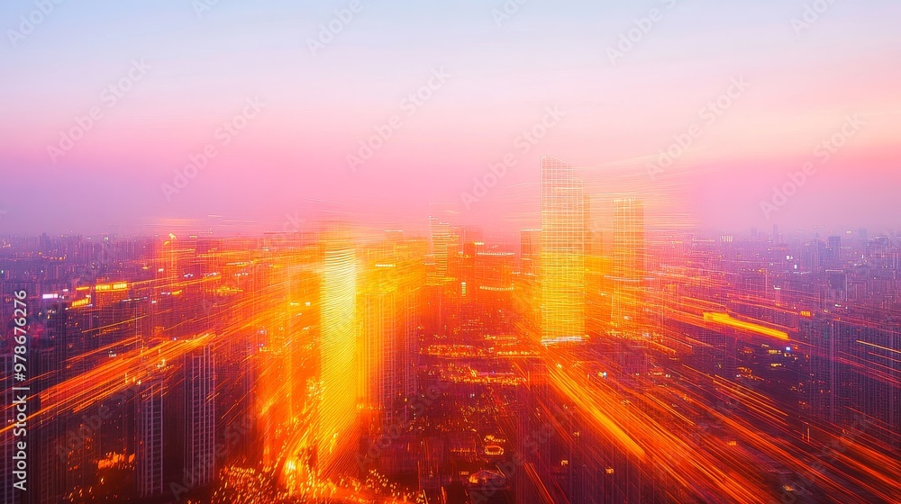 Dynamic Beijing Skyline with Orange Neon Light Trails in Motion Blur at Dusk Dynamic Beijing Skyline with Orange Neon Light Trails in Motion Blur at Dusk
