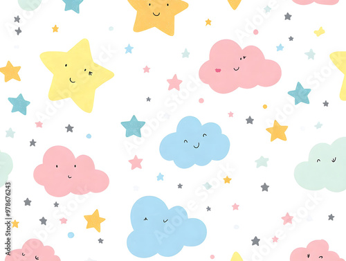 Adorable Cloud and Stars Pattern with Pastel Colors for Kids' Decor and Design
