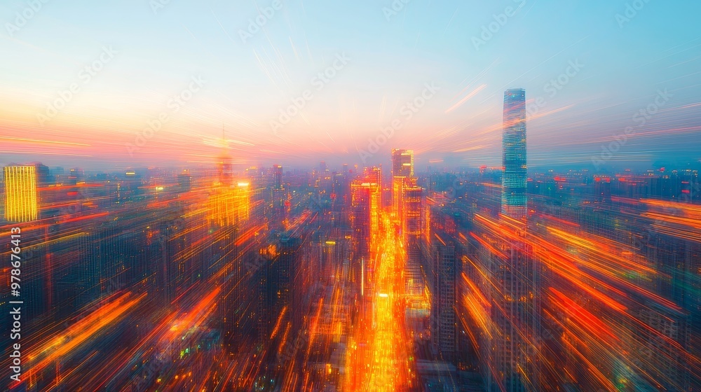 Fototapeta premium Modern Beijing Cityscape with Vibrant Neon Light Trails in Motion Blur at Dusk
