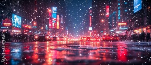 Snowy city street with bright lights reflecting in puddles.