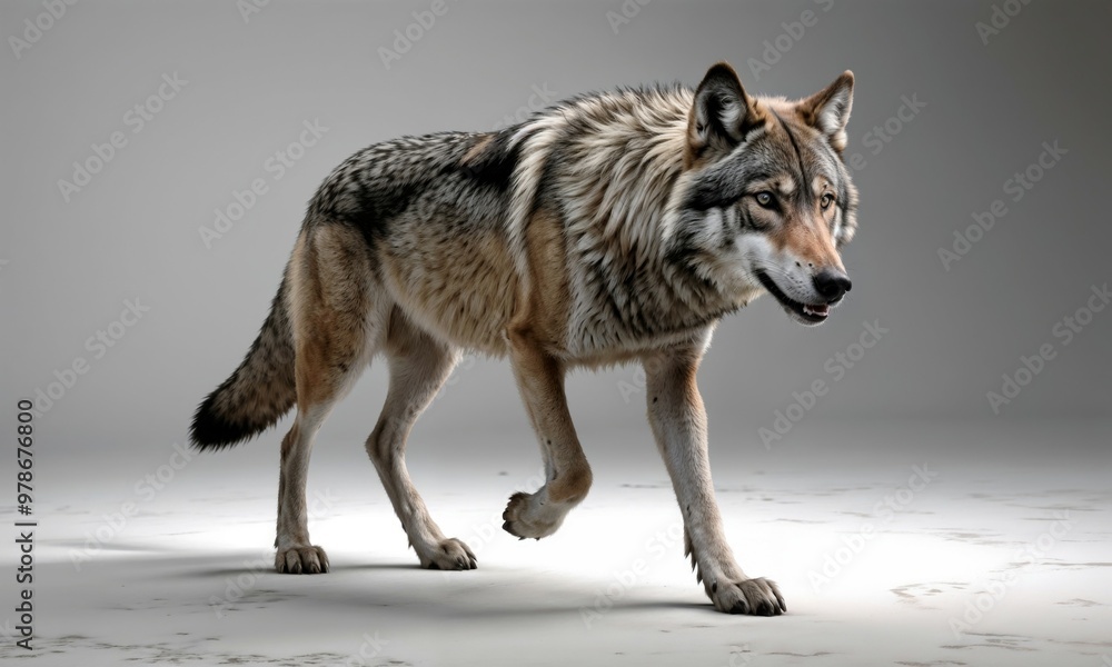 Fototapeta premium A majestic wolf is walking across an expansive, white surface, elegantly,