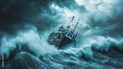 A dramatic scene of a ship battling fierce waves in a stormy sea, capturing the power and majesty of nature's fury. photo