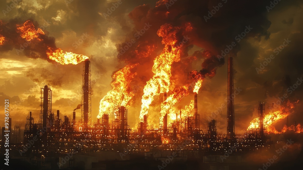 A dramatic scene of an industrial fire, showcasing billowing flames against a darkened sky, symbolizing danger and destruction. A dramatic scene of an industrial fire, showcasing billowing flames against a darkened sky, symbolizing danger and destruction.