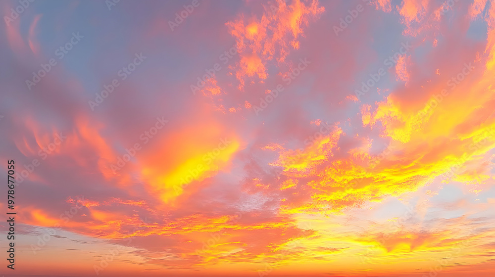 Fototapeta premium Golden and Pink Clouds Fill the Sky in a Vibrant Sunset, with the Sun Setting on the Horizon, Creating a Dramatic and Beautiful Scene
