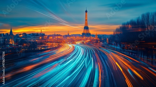 Futuristic Parisian Metropolis: Blue Neon Speed Lines in Urban Motion Blur at Sunset