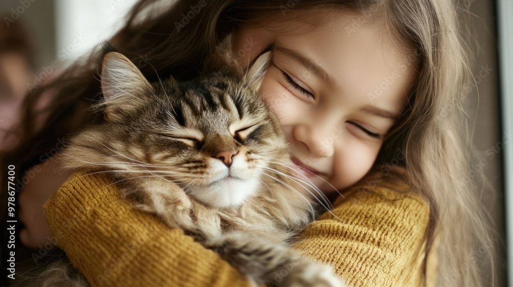 Cat and human bonding, a young girl hugging a fluffy cat, both smiling, warm and affectionate atmosphere, indoor setting Cat and human bonding, a young girl hugging a fluffy cat, both smiling, warm and affectionate atmosphere, indoor setting